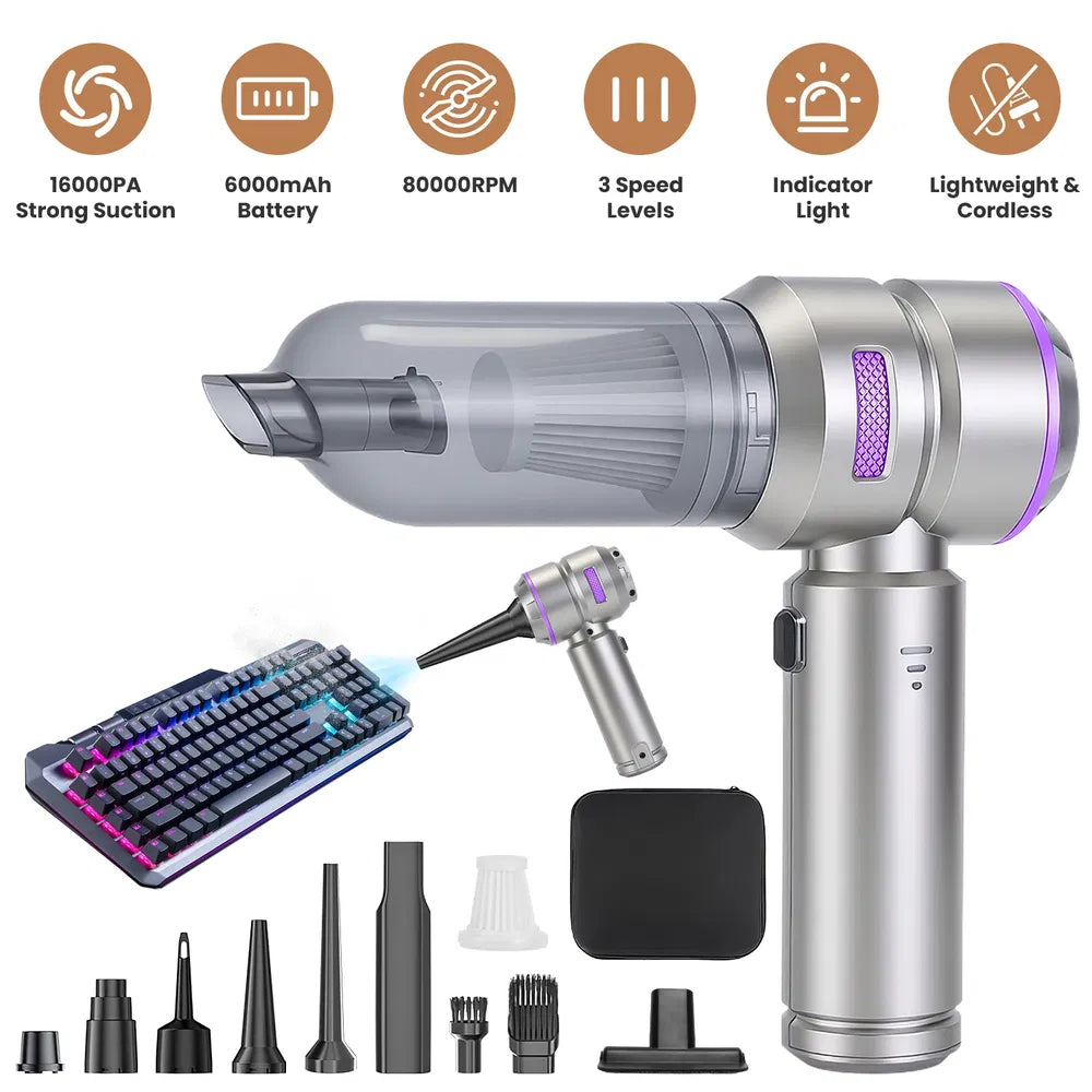 4-in-1 Cordless Car Vacuum & Air Duster — 16,000PA Brushless, 2 Reusable Filters