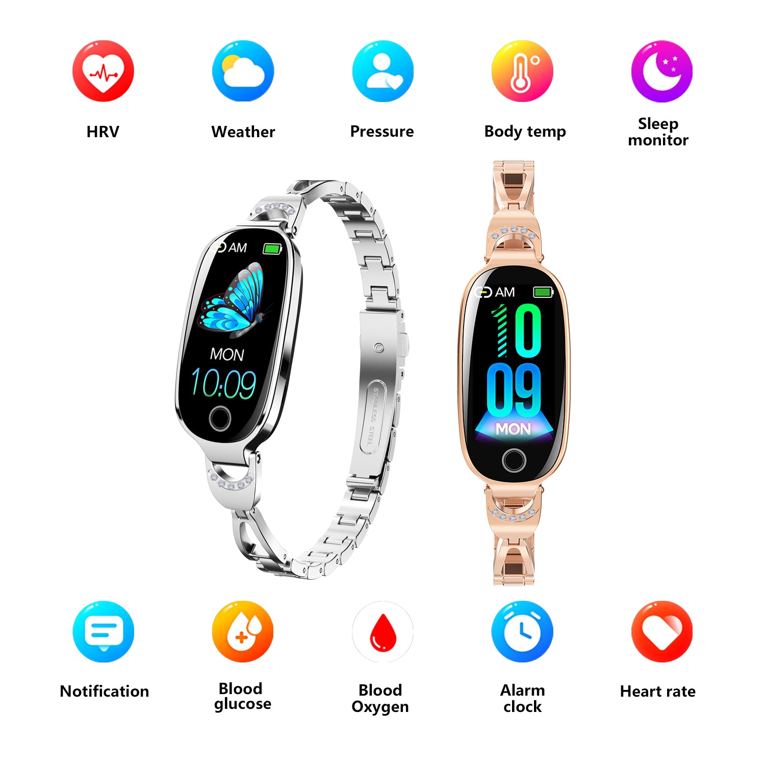 Luxury Women's Bling Smartwatch — Menstrual Cycle, Heart Rate, Remote Photography & More
