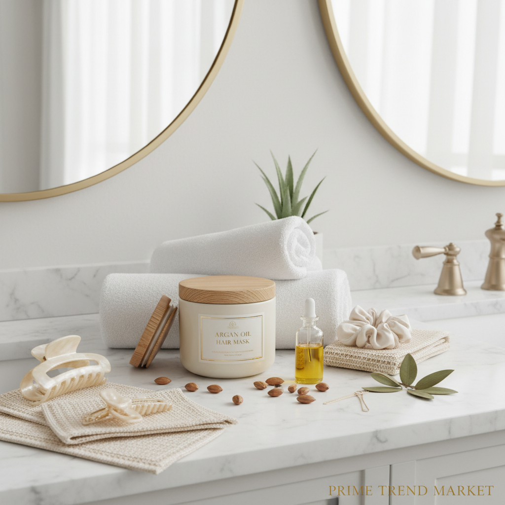 Argan Oil Hair Mask Bathroom Scene