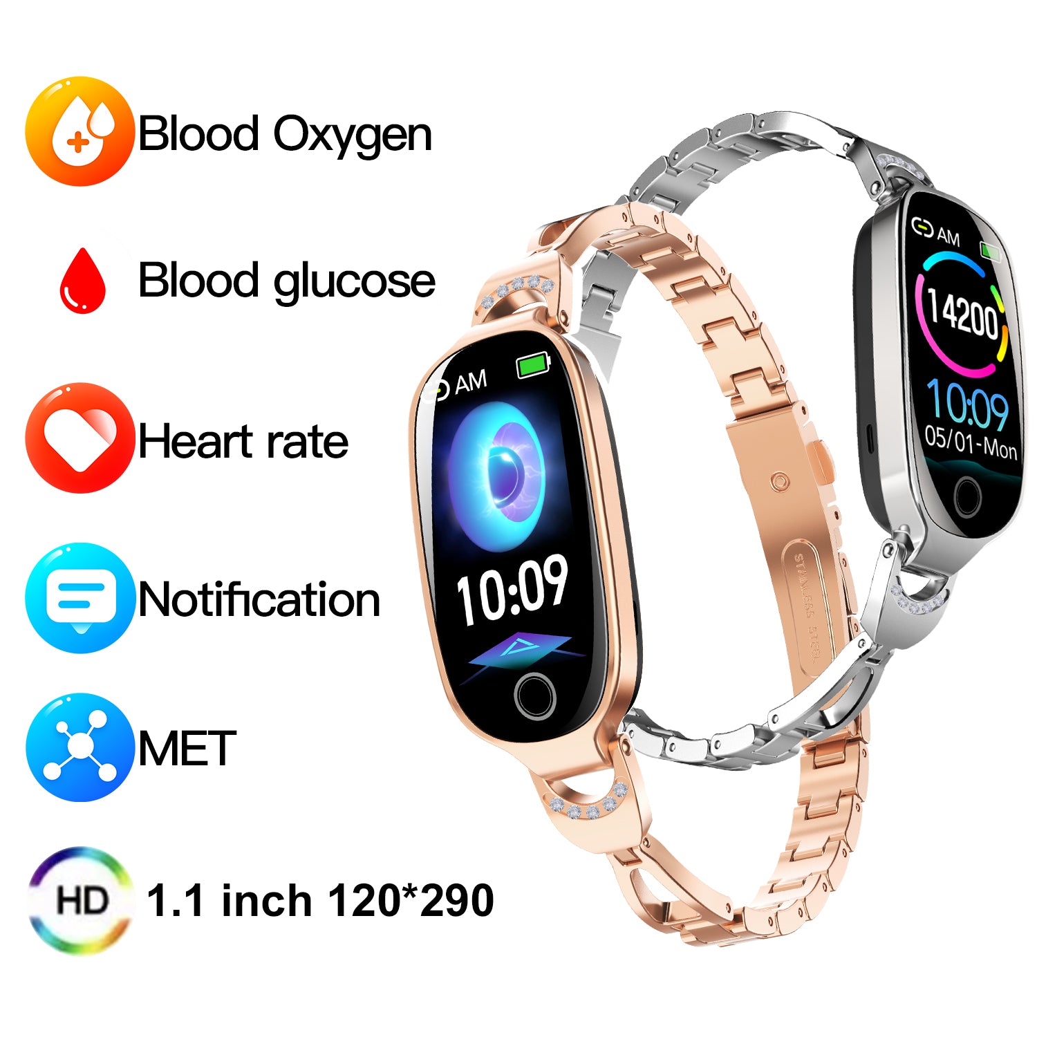 Luxury Women's Bling Smartwatch — Menstrual Cycle, Heart Rate, Remote Photography & More