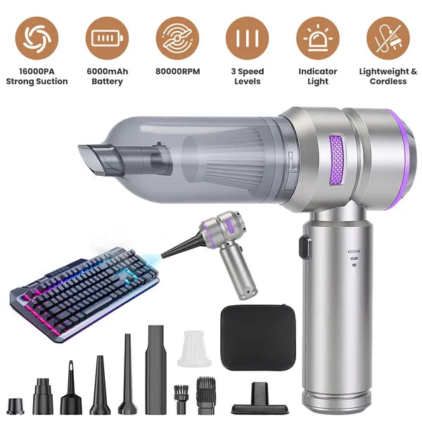 4-in-1 Cordless Car Vacuum & Air Duster — 16,000PA Brushless, 2 Reusable Filters
