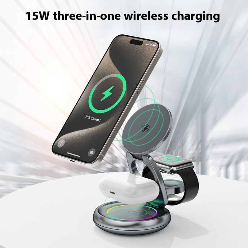Image 1: "Metal 3-in-1 wireless charger stand with rotatable design for iPhone Apple Watch AirPods"
Image 2: "Premium aluminum wireless charging station with adjustable viewing angle"
Image 3: "Rotatable 3-in-1 metal charger charging iPhone and Apple Watch simultaneously"
Image 4: "Metal wireless charger stand showing 360-degree rotation feature"
Image 5: "Premium 3-in-1 charging station with LED indicators on desk"