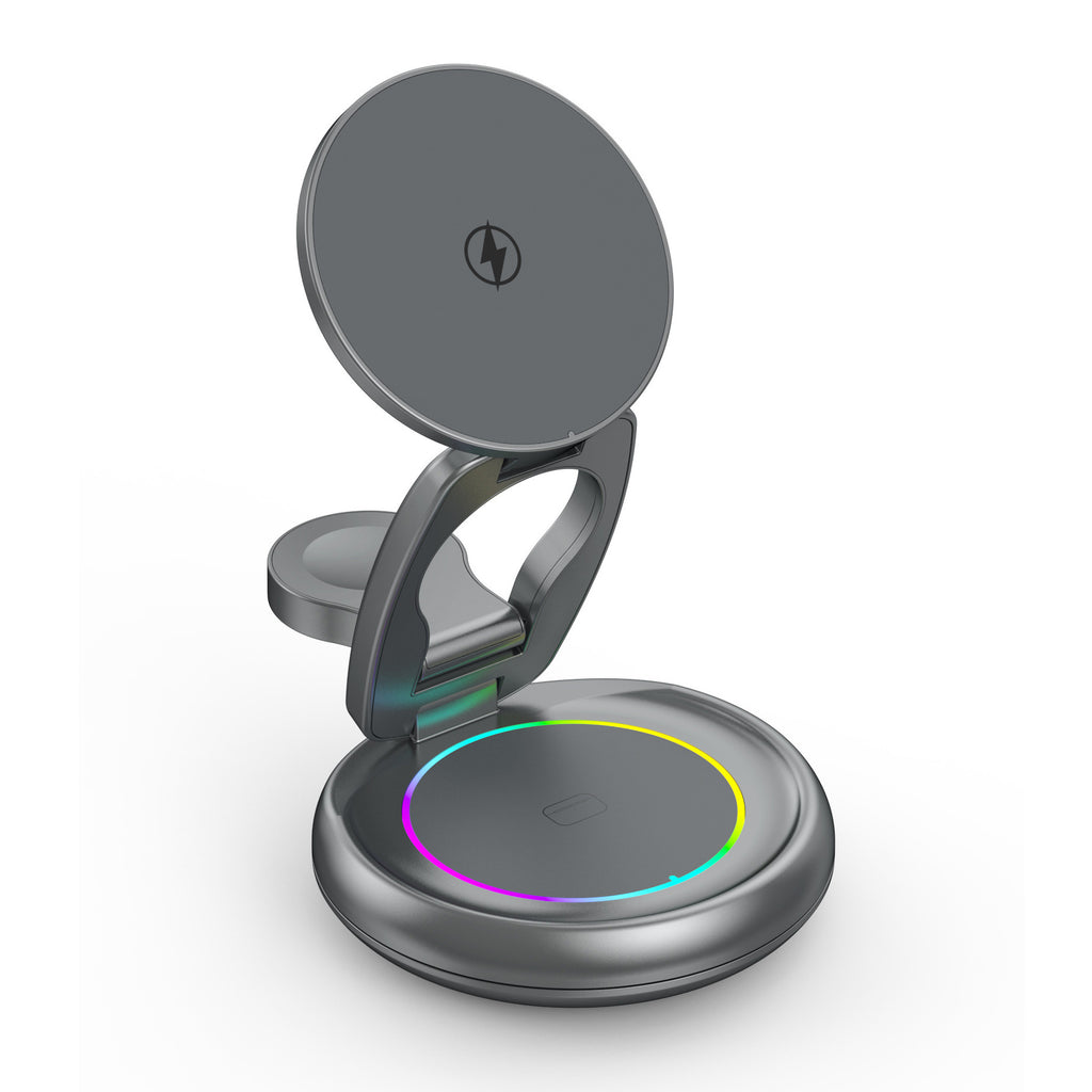 Image 1: "Metal 3-in-1 wireless charger stand with rotatable design for iPhone Apple Watch AirPods"
Image 2: "Premium aluminum wireless charging station with adjustable viewing angle"
Image 3: "Rotatable 3-in-1 metal charger charging iPhone and Apple Watch simultaneously"
Image 4: "Metal wireless charger stand showing 360-degree rotation feature"
Image 5: "Premium 3-in-1 charging station with LED indicators on desk"