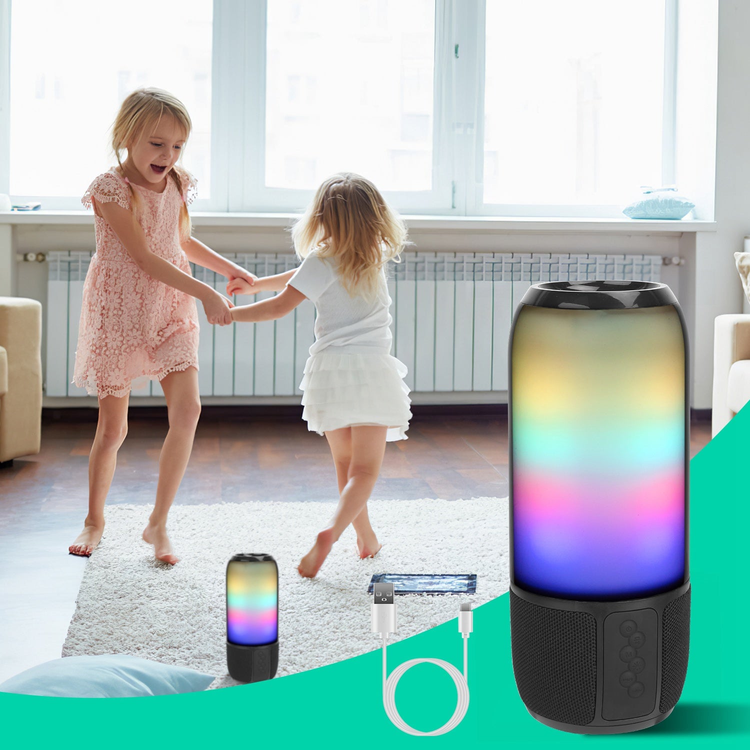 RGB Party Speaker — 6 Color Light Show, TWS Stereo, 10H Battery & Multi-Mode Playback