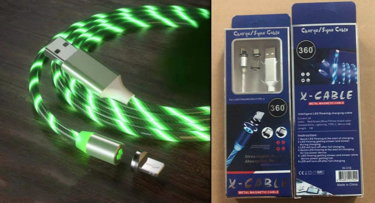 mage 1: "3-in-1 LED magnetic charging cable with flowing light streamer"
Image 2: "Magnetic charging cable with LED lights for iPhone Android USB-C"
Image 3: "Light-up charging cable showing LED streamer effect while charging"
Image 4: "Magnetic connector tips for Lightning USB-C and Micro-USB"
Image 5: "3-in-1 magnetic cable with nylon braided design and LED lights"