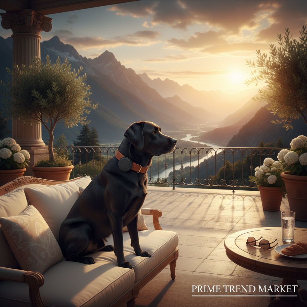 Black Lab on Luxury Terrace with Mountain View