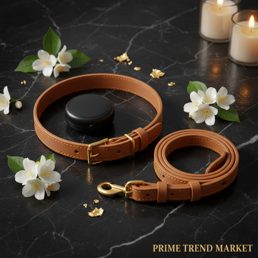 Black Tracker Case with Premium Leather Leash Flat Lay