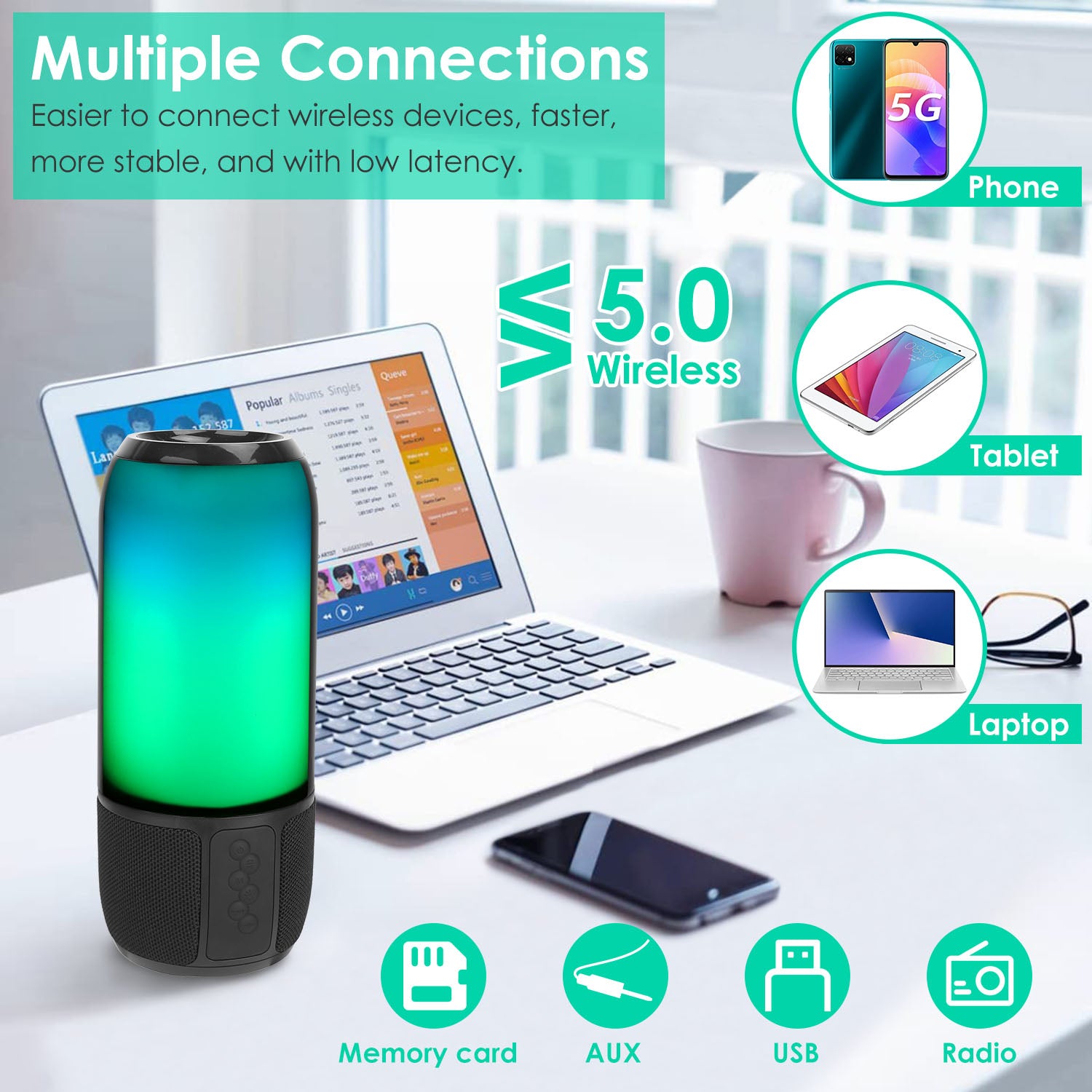 RGB Party Speaker — 6 Color Light Show, TWS Stereo, 10H Battery & Multi-Mode Playback