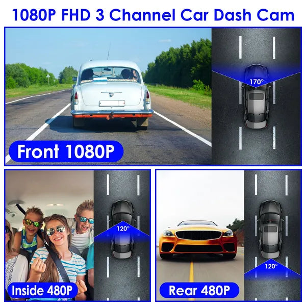 3-Channel WiFi Dash Cam — 1080P Full HD, 170° Wide Angle, IR Night Vision, App Control, 128GB Max