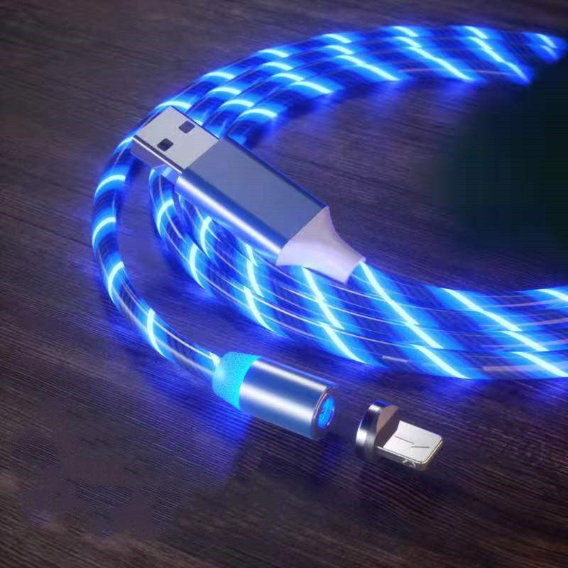 mage 1: "3-in-1 LED magnetic charging cable with flowing light streamer"
Image 2: "Magnetic charging cable with LED lights for iPhone Android USB-C"
Image 3: "Light-up charging cable showing LED streamer effect while charging"
Image 4: "Magnetic connector tips for Lightning USB-C and Micro-USB"
Image 5: "3-in-1 magnetic cable with nylon braided design and LED lights"