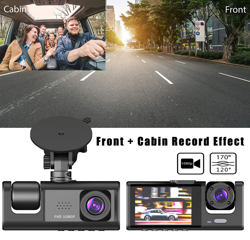 Triple Lens Dash Cam 1080P HD | Front, Rear & Interior Recording + G-Sensor