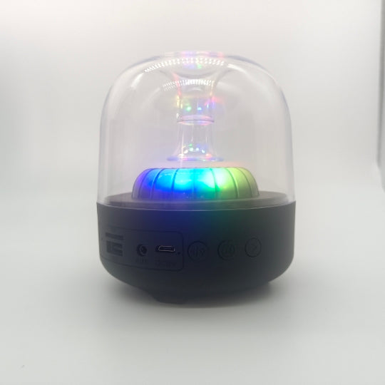 Blue Glass Mini Desktop Speaker — Bluetooth, FM Radio, TF Card, 6H Battery, Black & White