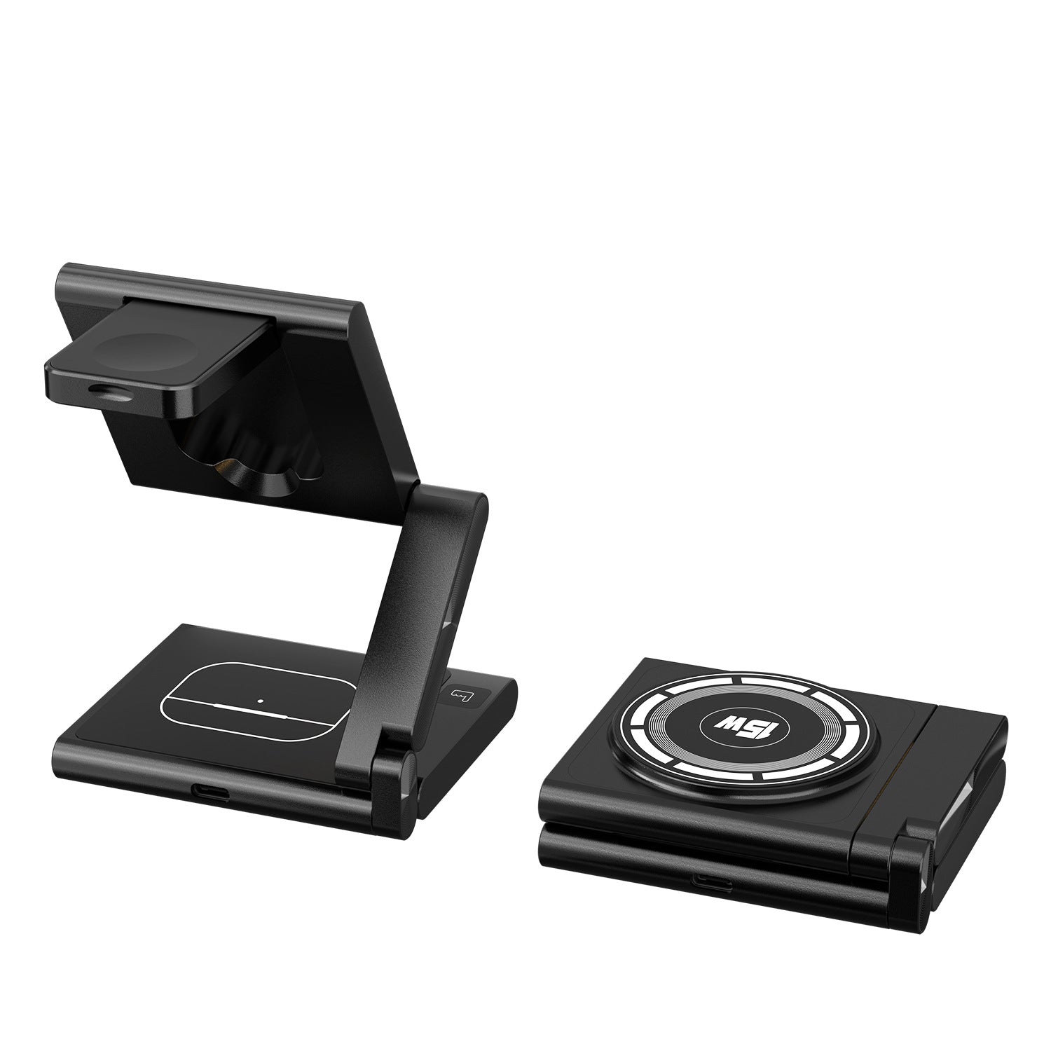 "Folding 3-in-1 wireless charger for iPhone AirPods Apple Watch"
Image 2: "Portable wireless charger folded flat for travel and storage"
Image 3: "Folding wireless charging station in stand mode charging devices"
Image 4: "3-in-1 wireless charger with adjustable viewing angles"
Image 5: "Compact folding charger charging iPhone Apple Watch AirPods simultaneously"
Image 6: "Travel-friendly wireless charger showing folding mechanism"
Image 7: "Portable 3-in-1 charging station unfolded on desk"
Image 8: "Foldin