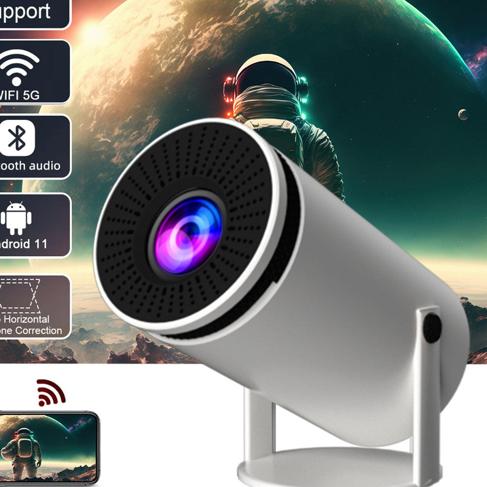 "HY300 mini smart projector portable home theater"
"Compact HD projector displaying movie on wall"
"Portable mini projector with remote control"
"Smart projector showing clear HD image quality"
"Mini projector setup in home theater"