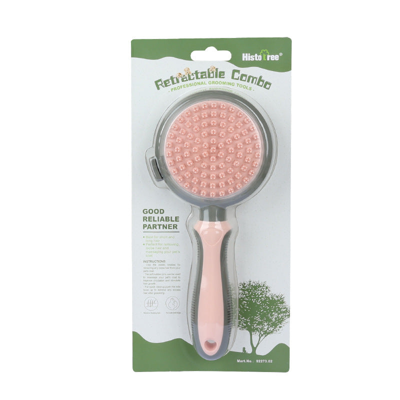 Image 1: "Pet hair removal comb self-cleaning slicker brush for cats and dogs"
Image 2: "Double-sided pet grooming brush with slicker and massage comb"
Image 3: "Self-cleaning pet comb with one-click hair release button"
Image 4: "Pet slicker brush removing tangles and mats from cat fur"
Image 5: "Two-sided grooming comb with massage pins for dogs"
Image 6: "Self-cleaning pet hair removal brush with ergonomic handle"
Image 7: "Pet grooming comb showing slicker brush and massage sides"
Image 8: "Double-sided