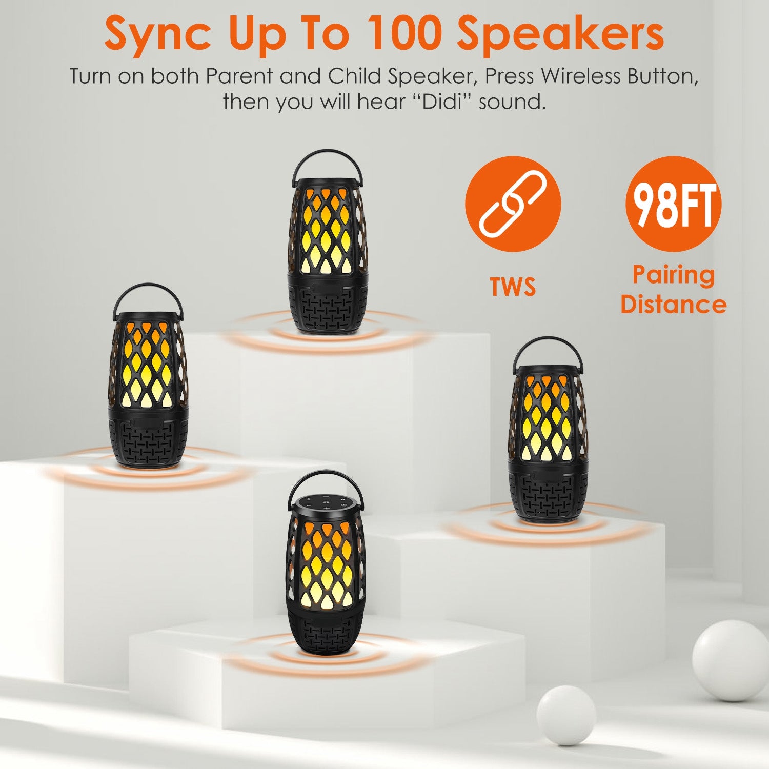 4-in-1 LED Flame Bluetooth 5.3 Speaker | Outdoor Waterproof | 10W | Sync 100 Speakers