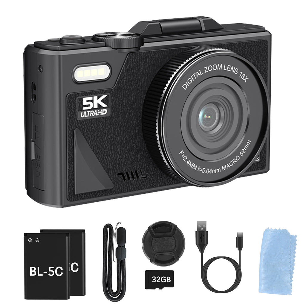 5K WiFi Vlogging Camera with Flip Screen, Fill Light & 2 Batteries