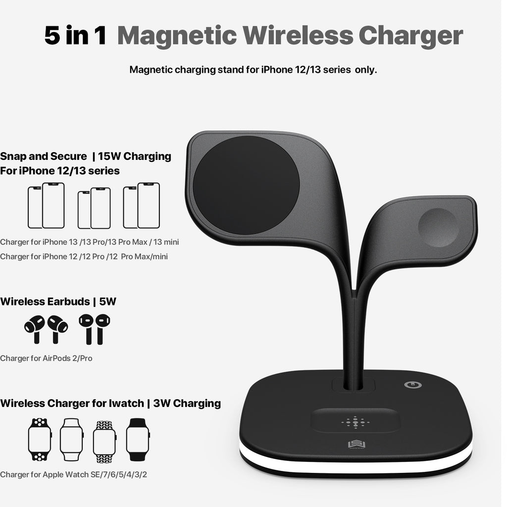 Image 1: "Magnetic 3-in-1 wireless charger for iPhone AirPods Apple Watch"
Image 2: "3-in-1 charging station with MagSafe compatibility for Apple devices"
Image 3: "Wireless charger charging iPhone Apple Watch and AirPods simultaneously"
Image 4: "Magnetic wireless charging station with compact design"
Image 5: "3-in-1 charger showing iPhone magnetic alignment and Apple Watch stand"
Image 6: "MagSafe compatible wireless charger with LED indicators"
Image 7: "Compact 3-in-1 wireless charging station on desk"