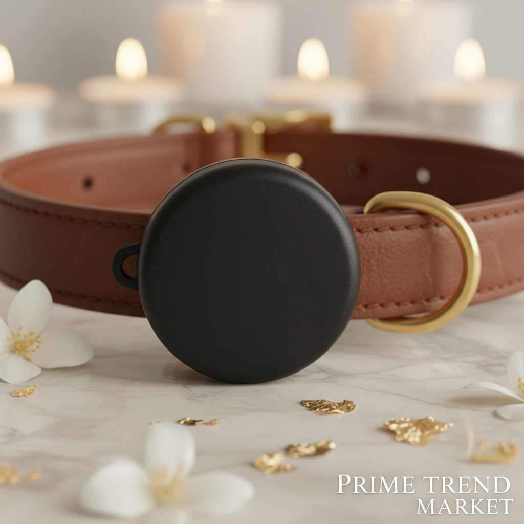 Close-up Black Tracker Case on Brown Leather Dog Collar