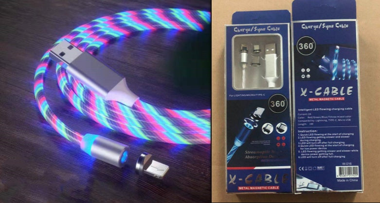 mage 1: "3-in-1 LED magnetic charging cable with flowing light streamer"
Image 2: "Magnetic charging cable with LED lights for iPhone Android USB-C"
Image 3: "Light-up charging cable showing LED streamer effect while charging"
Image 4: "Magnetic connector tips for Lightning USB-C and Micro-USB"
Image 5: "3-in-1 magnetic cable with nylon braided design and LED lights"