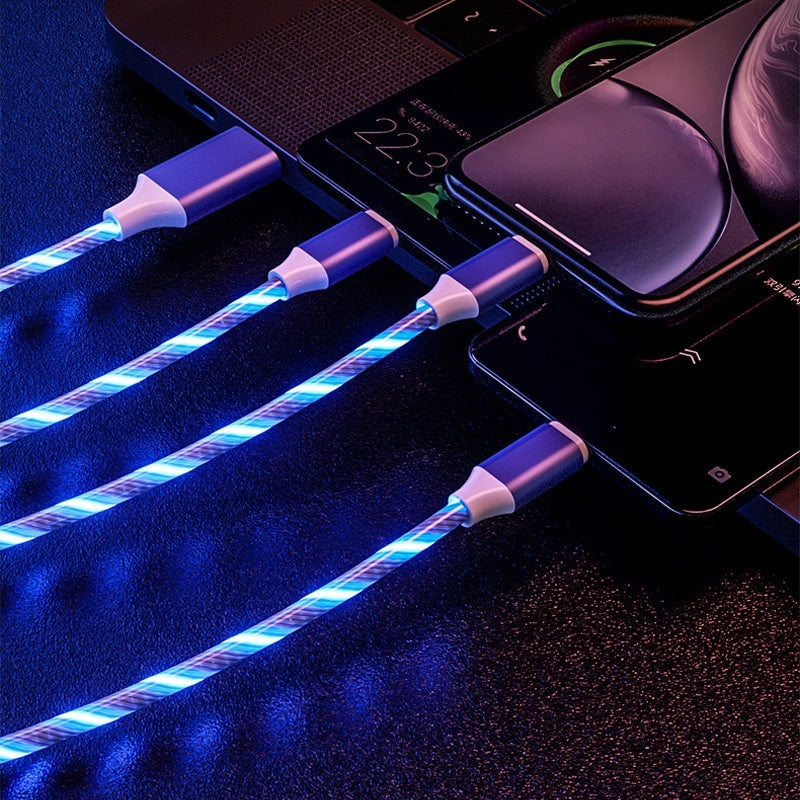 Image 1: "RGB 3-in-1 fast charging cable 66W with colorful LED streamer lights"
Image 2: "3-in-1 charging cable with flowing RGB lights for iPhone Android USB-C"
Image 3: "66W fast charging cable showing LED light effect while charging"
Image 4: "Nylon braided 3-in-1 cable with Lightning USB-C Micro-USB connectors"
Image 5: "Colorful RGB LED charging cable with streamer light animation"
Image 6: "Universal 3-in-1 fast charging cable with vibrant RGB lighting"