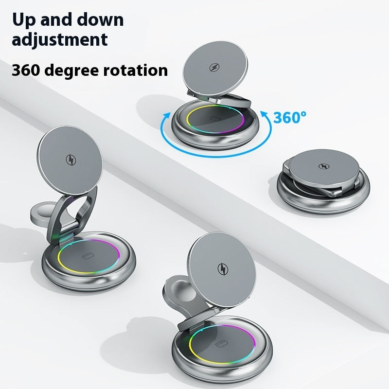 Image 1: "Metal 3-in-1 wireless charger stand with rotatable design for iPhone Apple Watch AirPods"
Image 2: "Premium aluminum wireless charging station with adjustable viewing angle"
Image 3: "Rotatable 3-in-1 metal charger charging iPhone and Apple Watch simultaneously"
Image 4: "Metal wireless charger stand showing 360-degree rotation feature"
Image 5: "Premium 3-in-1 charging station with LED indicators on desk"