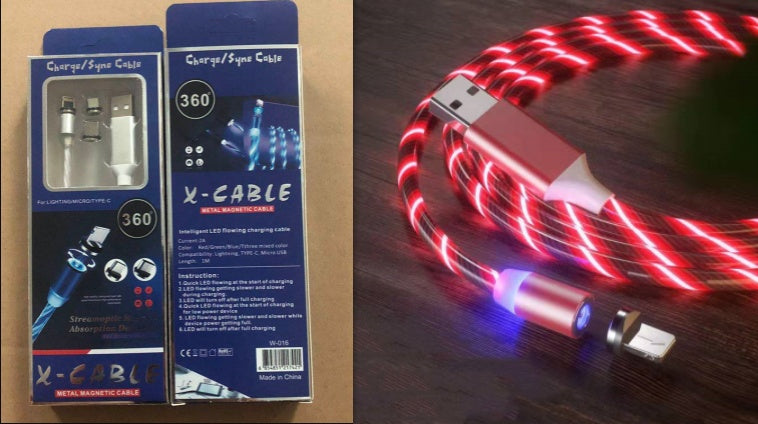 mage 1: "3-in-1 LED magnetic charging cable with flowing light streamer"
Image 2: "Magnetic charging cable with LED lights for iPhone Android USB-C"
Image 3: "Light-up charging cable showing LED streamer effect while charging"
Image 4: "Magnetic connector tips for Lightning USB-C and Micro-USB"
Image 5: "3-in-1 magnetic cable with nylon braided design and LED lights"