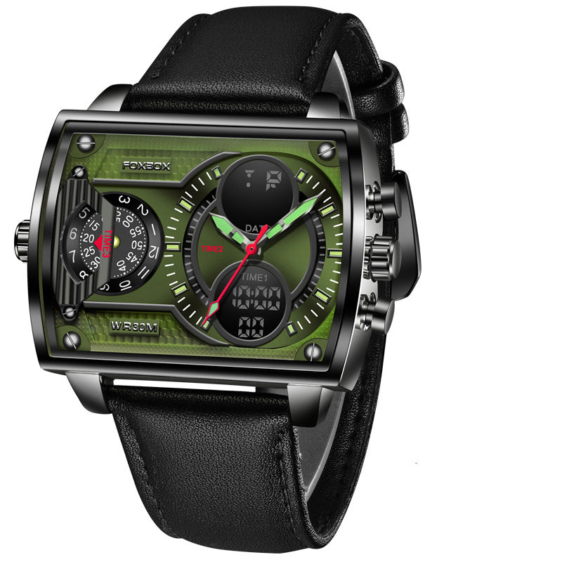 Dual Display Square Sports Watch — Luminous, Waterproof 30M, Chronograph