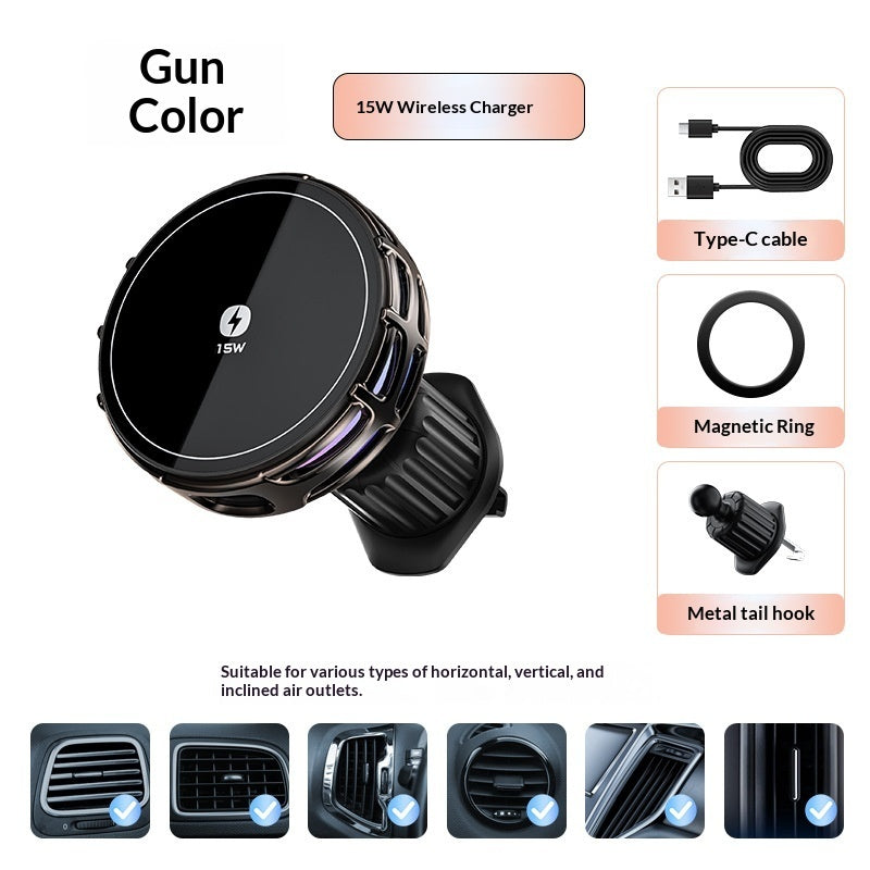 "15W fast wireless charging car mount with mirror finish"
"Magnetic car phone holder with wireless charging"
"Car mount wireless charger attached to dashboard"
"Phone charging on magnetic car mount holder"
"Mirror finish wireless charging car mount close-up"