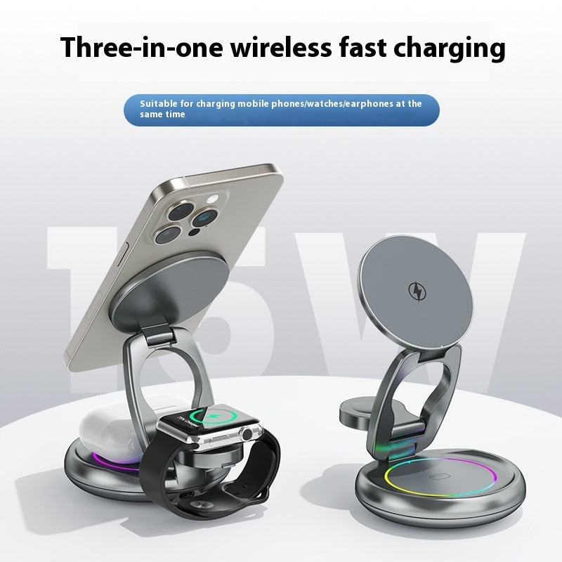 Image 1: "Metal 3-in-1 wireless charger stand with rotatable design for iPhone Apple Watch AirPods"
Image 2: "Premium aluminum wireless charging station with adjustable viewing angle"
Image 3: "Rotatable 3-in-1 metal charger charging iPhone and Apple Watch simultaneously"
Image 4: "Metal wireless charger stand showing 360-degree rotation feature"
Image 5: "Premium 3-in-1 charging station with LED indicators on desk"