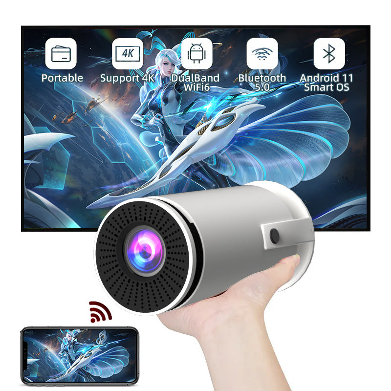 "HY300 mini smart projector portable home theater"
"Compact HD projector displaying movie on wall"
"Portable mini projector with remote control"
"Smart projector showing clear HD image quality"
"Mini projector setup in home theater"