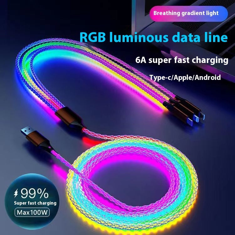 Image 1: "RGB 3-in-1 fast charging cable 66W with colorful LED streamer lights"
Image 2: "3-in-1 charging cable with flowing RGB lights for iPhone Android USB-C"
Image 3: "66W fast charging cable showing LED light effect while charging"
Image 4: "Nylon braided 3-in-1 cable with Lightning USB-C Micro-USB connectors"
Image 5: "Colorful RGB LED charging cable with streamer light animation"
Image 6: "Universal 3-in-1 fast charging cable with vibrant RGB lighting"