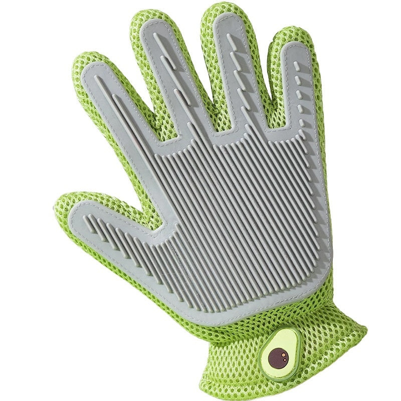 "Double-sided pet grooming gloves for dogs and cats"
"Pet grooming glove removing loose fur from dog"
"Silicone pet bath gloves with massage nodules"
"Person using pet grooming gloves on cat"
"Pet grooming gloves showing both sides"
