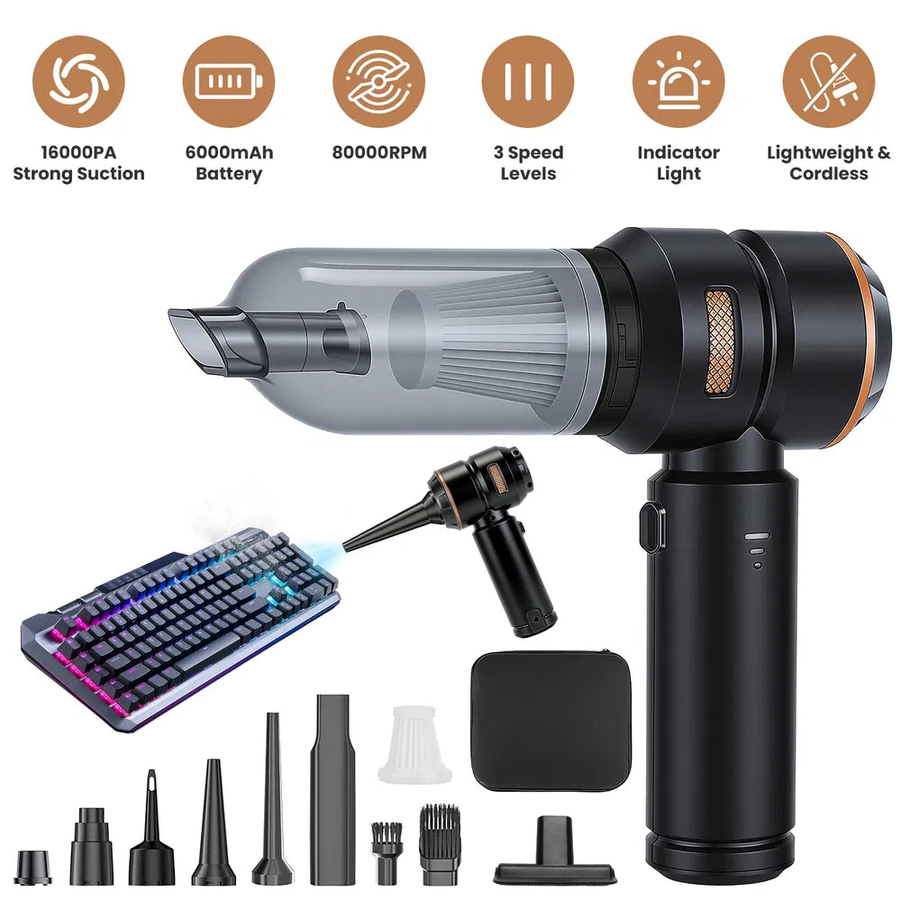 4-in-1 Cordless Car Vacuum & Air Duster — 16,000PA Brushless, 2 Reusable Filters