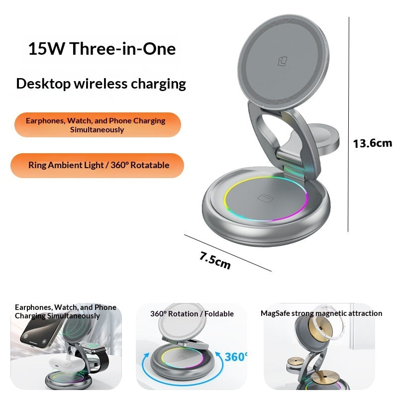 3-in-1 15W Magnetic Wireless Charger with Retractable Cord — iPhone, Apple Watch & AirPods