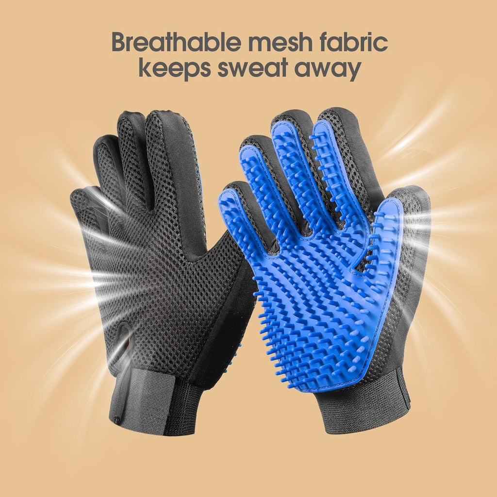 "Pet grooming gloves gentle hair remover for dogs and cats"
"Silicone pet grooming glove removing pet hair"
"Pet hair removal gloves with soft bristles"
"Person grooming dog with pet hair removal gloves"
"Pet grooming gloves collecting loose fur"
