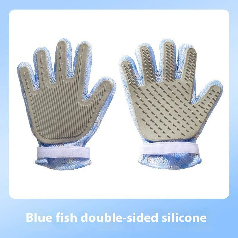 "Double-sided pet grooming gloves for dogs and cats"
"Pet grooming glove removing loose fur from dog"
"Silicone pet bath gloves with massage nodules"
"Person using pet grooming gloves on cat"
"Pet grooming gloves showing both sides"