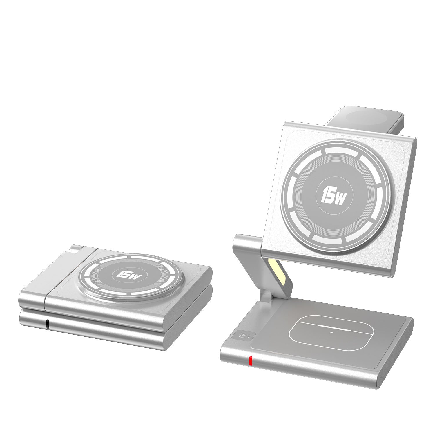 "Folding 3-in-1 wireless charger for iPhone AirPods Apple Watch"
Image 2: "Portable wireless charger folded flat for travel and storage"
Image 3: "Folding wireless charging station in stand mode charging devices"
Image 4: "3-in-1 wireless charger with adjustable viewing angles"
Image 5: "Compact folding charger charging iPhone Apple Watch AirPods simultaneously"
Image 6: "Travel-friendly wireless charger showing folding mechanism"
Image 7: "Portable 3-in-1 charging station unfolded on desk"
Image 8: "Foldin