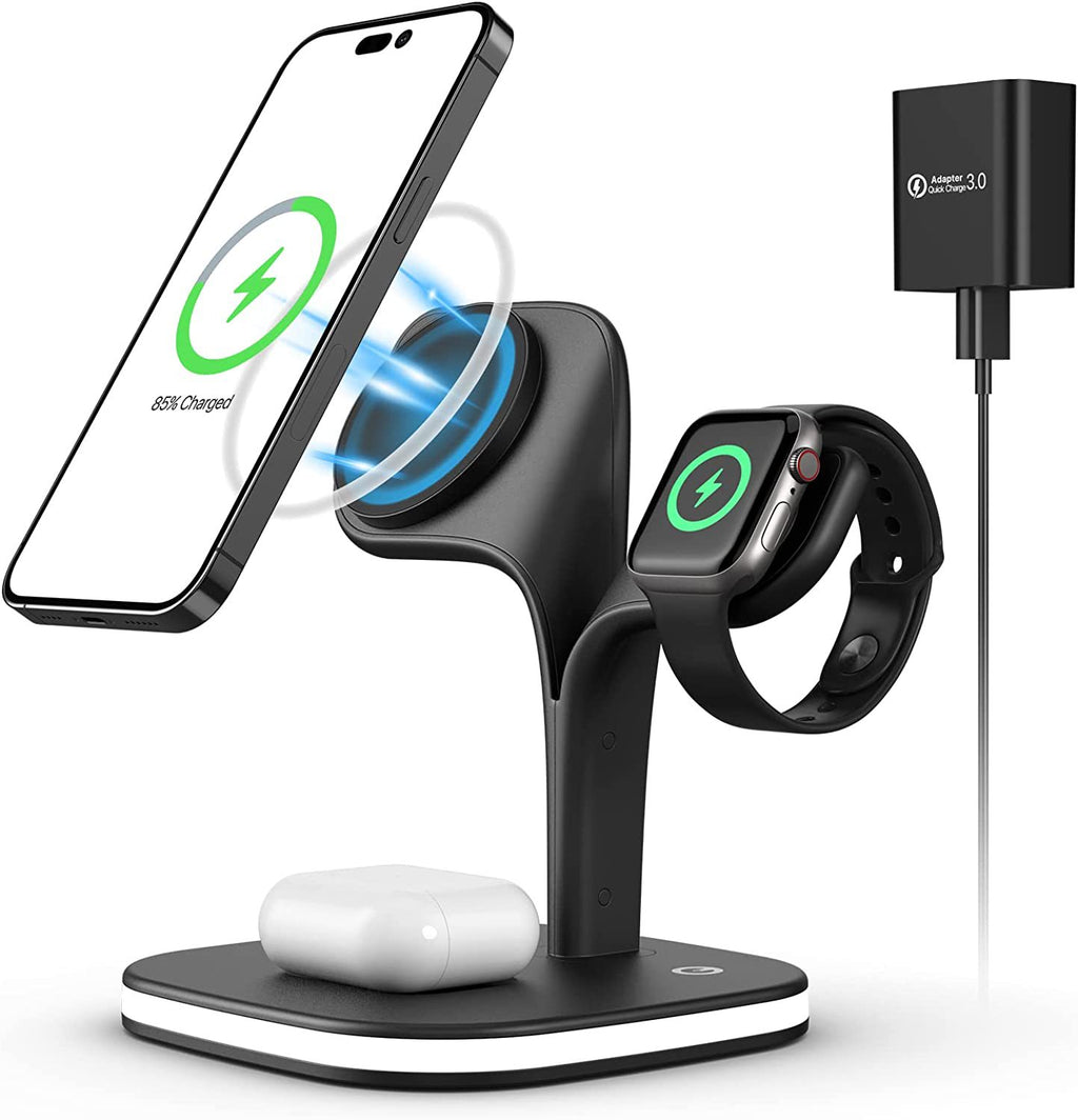 Image 1: "Magnetic 3-in-1 wireless charger for iPhone AirPods Apple Watch"
Image 2: "3-in-1 charging station with MagSafe compatibility for Apple devices"
Image 3: "Wireless charger charging iPhone Apple Watch and AirPods simultaneously"
Image 4: "Magnetic wireless charging station with compact design"
Image 5: "3-in-1 charger showing iPhone magnetic alignment and Apple Watch stand"
Image 6: "MagSafe compatible wireless charger with LED indicators"
Image 7: "Compact 3-in-1 wireless charging station on desk"