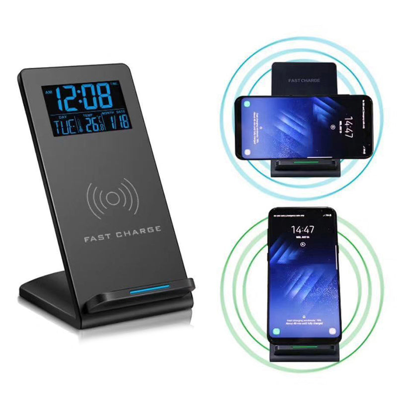 "Digital alarm clock with wireless charger LED display temperature calendar"
"Bedside alarm clock charging phone wirelessly with LED time display"
"LED alarm clock showing temperature and date on nightstand"
"Wireless charging alarm clock with adjustable brightness display"
"Multifunctional digital clock with wireless phone charging pad"