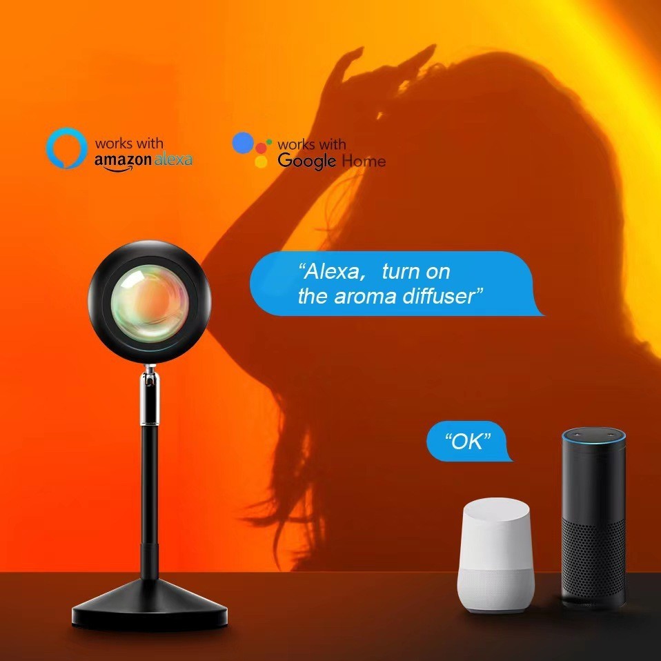 "Smart sunset projection lamp with voice control"
"Sunset light projecting rainbow colors on wall"
"Voice control smart sunset projection lamp"
"Graffiti sunset light creating ambient room lighting"
"180-degree rotatable sunset projection lamp"