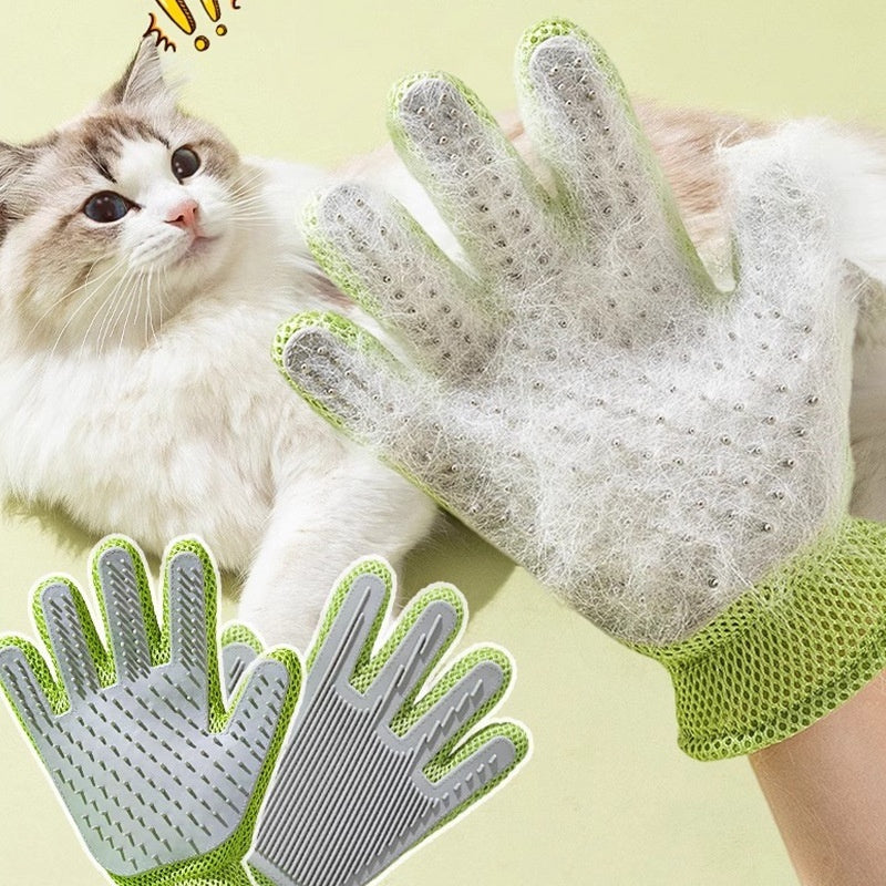"Double-sided pet grooming gloves for dogs and cats"
"Pet grooming glove removing loose fur from dog"
"Silicone pet bath gloves with massage nodules"
"Person using pet grooming gloves on cat"
"Pet grooming gloves showing both sides"