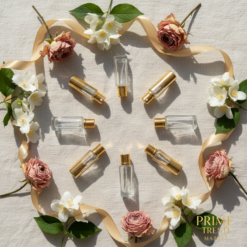 Flat lay circle arrangement on cream linen
