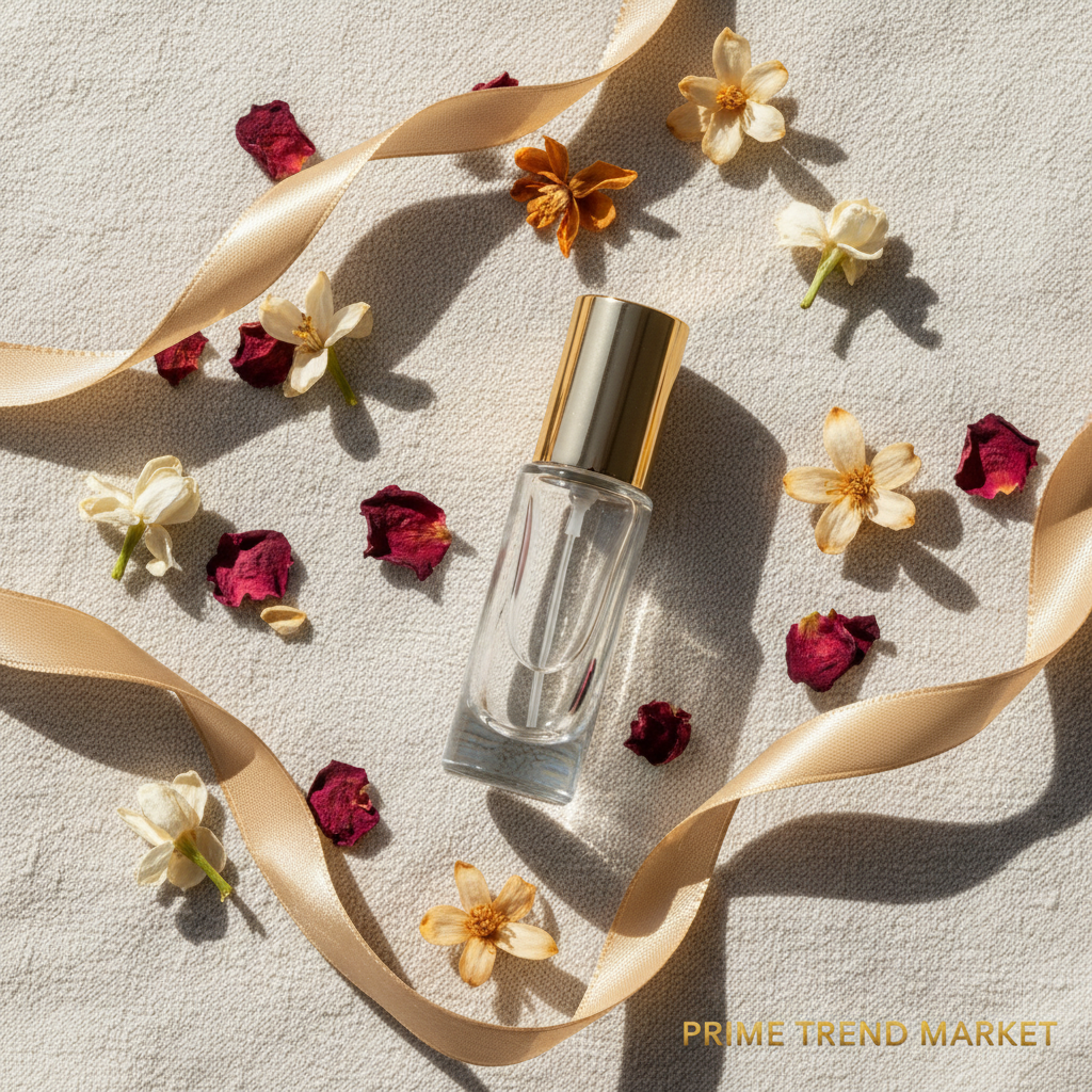 Flat lay with dried jasmine, rose petals & gold ribbon