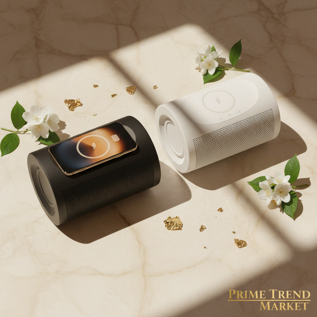 Flatlay — Black & White + Phone Charging on Cream Marble