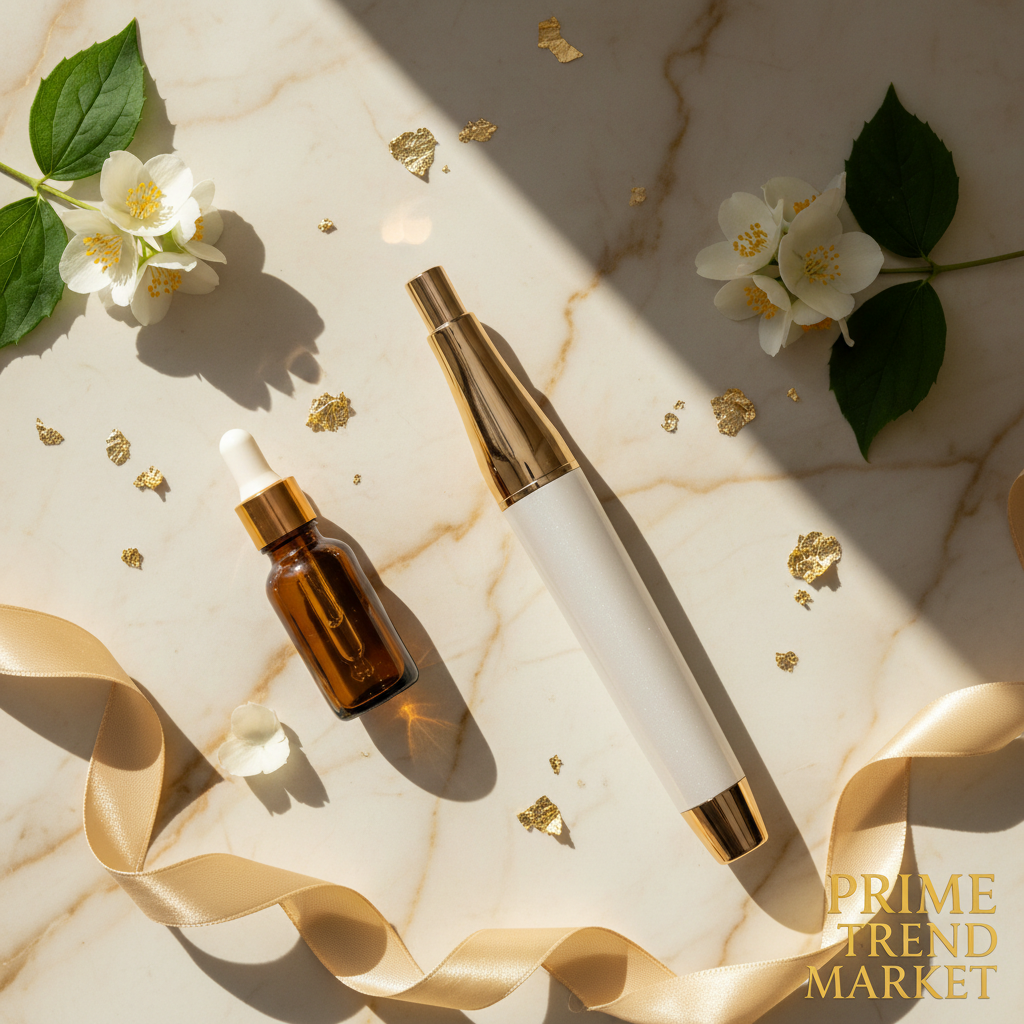 Flatlay — Cream Marble with Jasmine & Serum Bottle