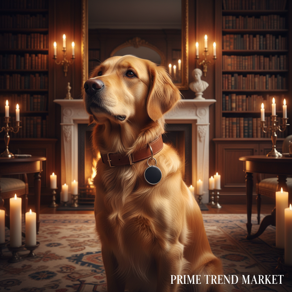 Golden Retriever in Luxury Manor Library with Black Tracker