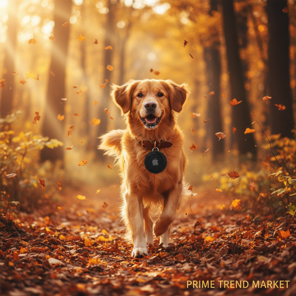 Golden Retriever Running in Autumn Forest with Black Tracker Case