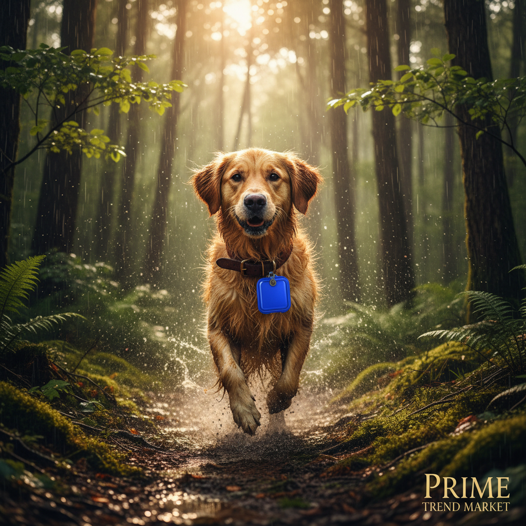 Golden Retriever Running in Rain with Sapphire Blue Case