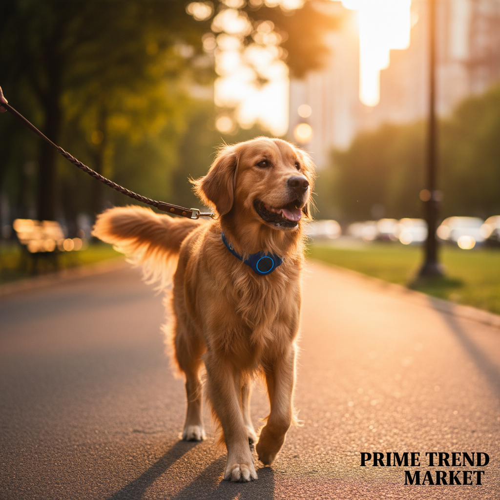 Golden Retriever with Dark Blue AirTag Holder
